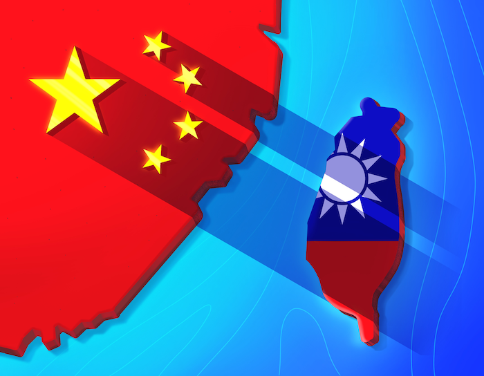 Stylized map image of China and Taiwan