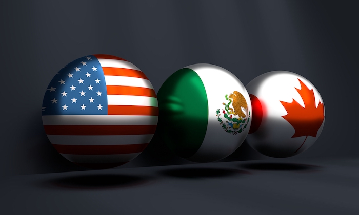Spheres with flags of the US, Canada and Mexico