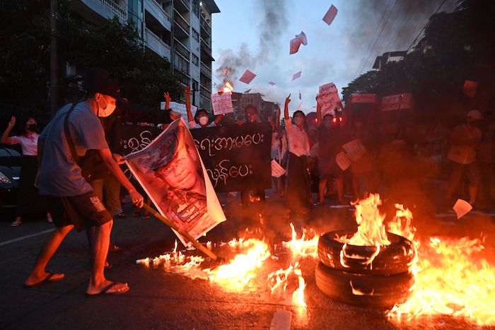 Protesters in Myanmar in 2021