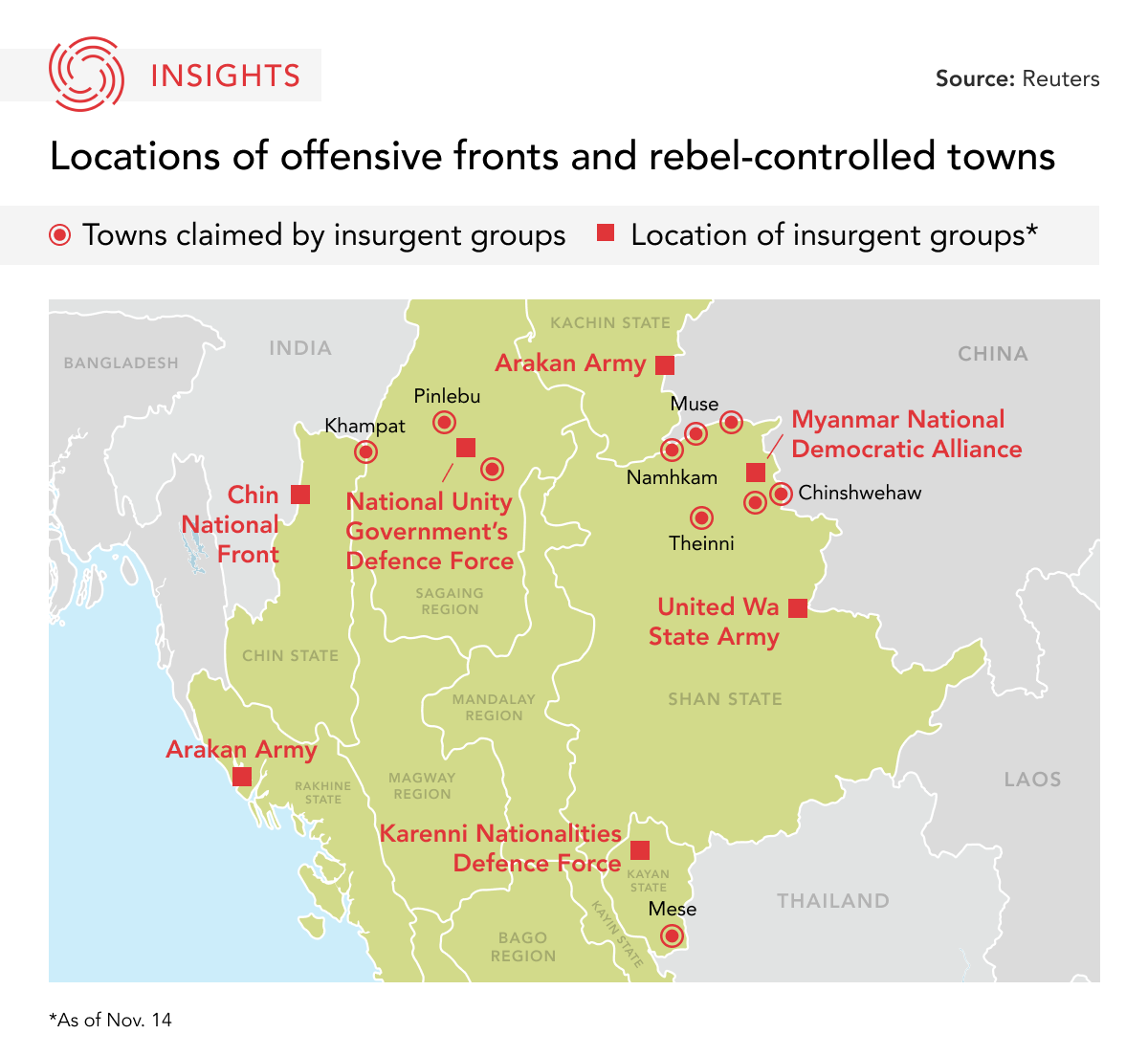 Rebel hotspots in Myanmar 2023 