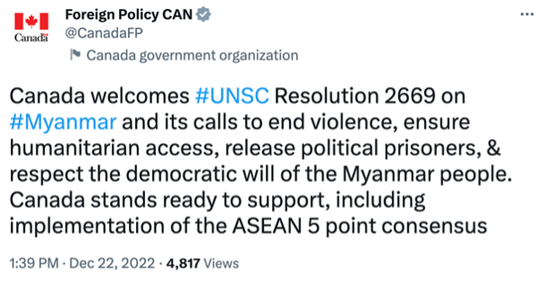 Tweet from Ottawa about Myanmar