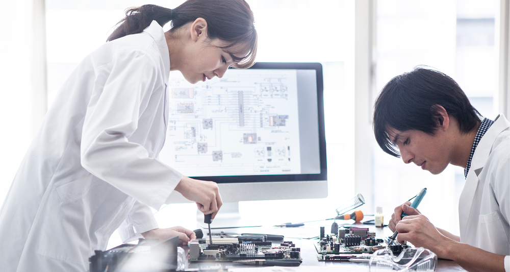 Technicians in a Japanese chip lab