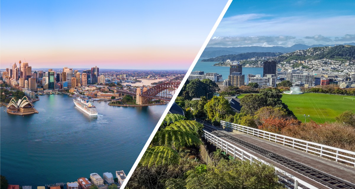 Combined skylines of Sydney and Wellington 