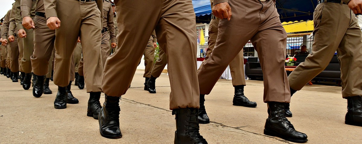 Close-up of Thai police marching 