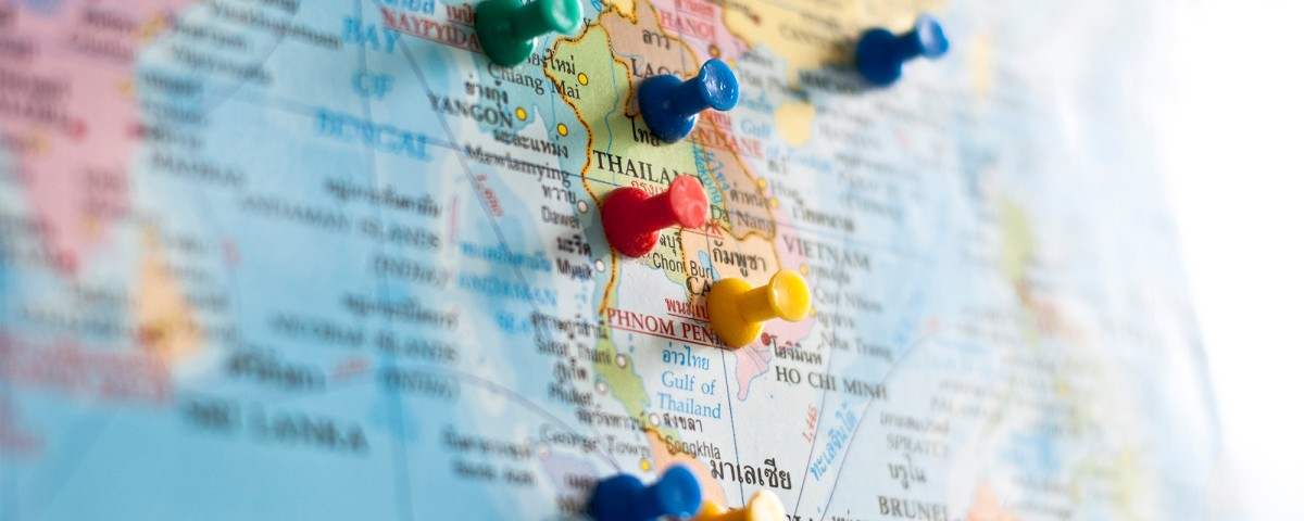 closeup map of southeast asia with marker pins 