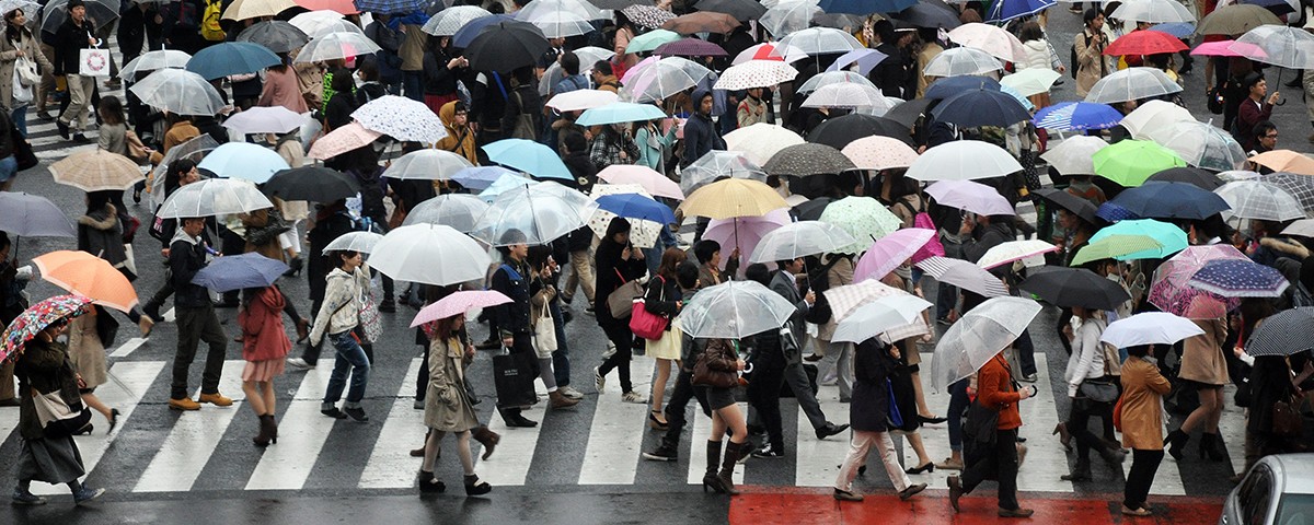 pedestrians crossing busy street