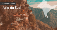 Bhutanese hillside on map banner of South Asia