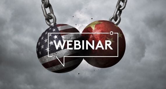 US and China flags on colliding wrecking balls with Webinar logo