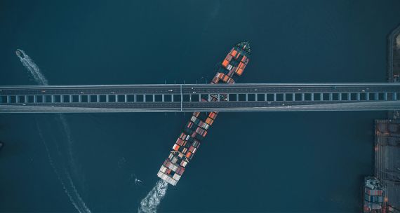 container ship beneath a bridge 