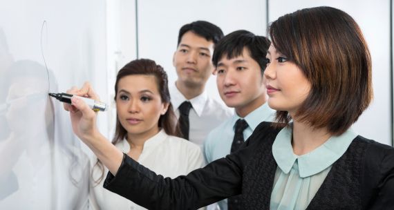 business people working on whiteboard