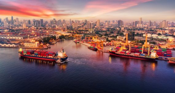 Container ships in Bangkok harbour in Thailand 