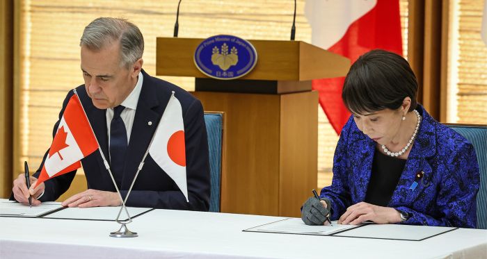 Canadian Prime Minister Mark Carney and Japanese Prime Minister Takaichi Sanae in Tokyo, Japan, on March 6, 2026 