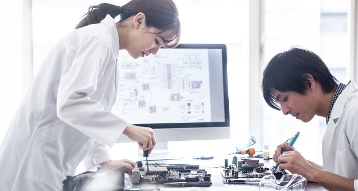Technicians in a Japanese chip lab