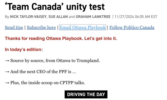 Ottawa Playbook Politico Newsletter